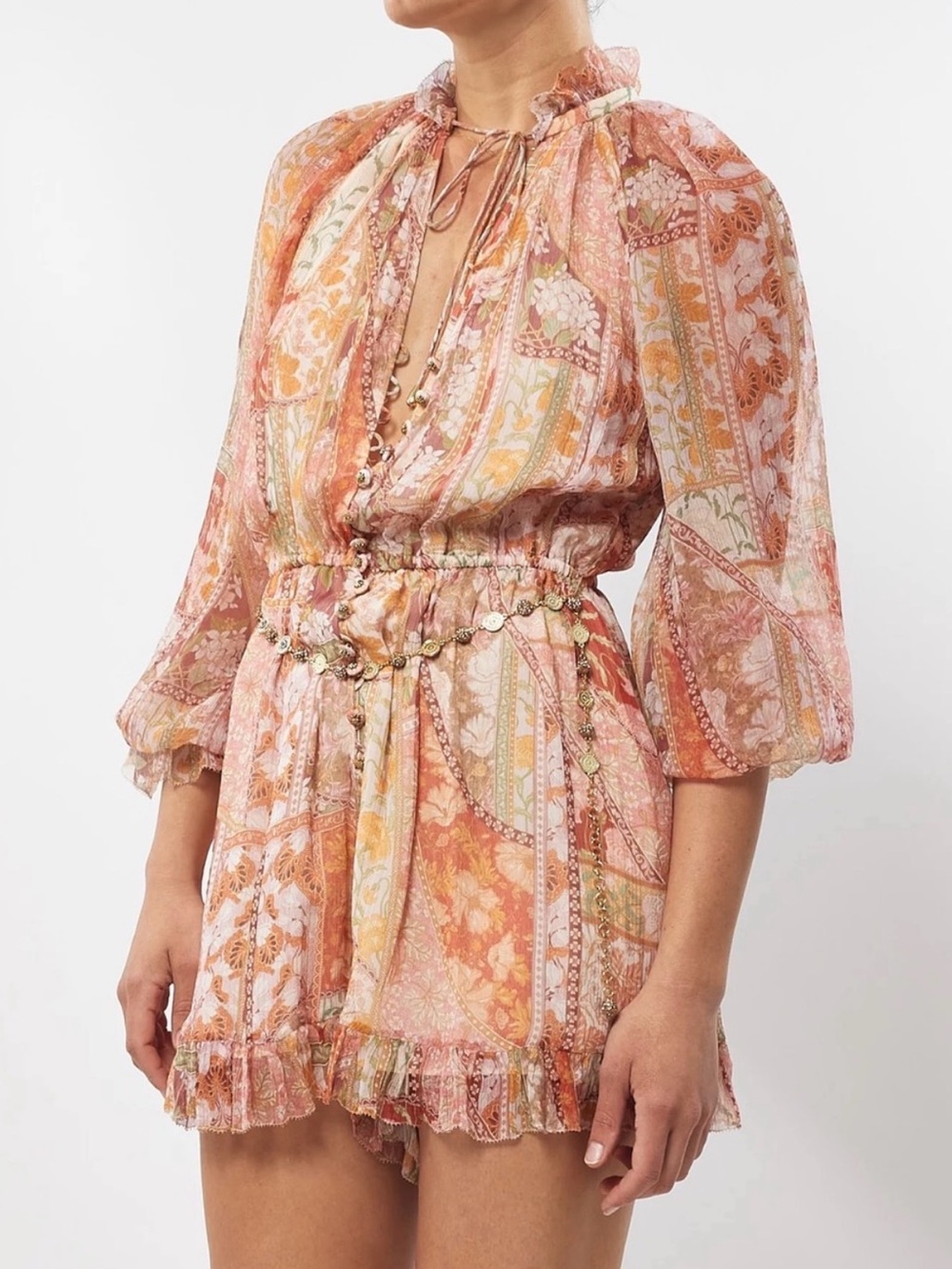 Zimmermann Peach-Pink Paisley Ruffle Romper